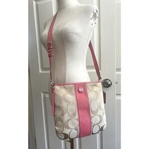 COACH Classic Signature Pink Khaki Canvas Crossbody Messenger Purse Bag Tote